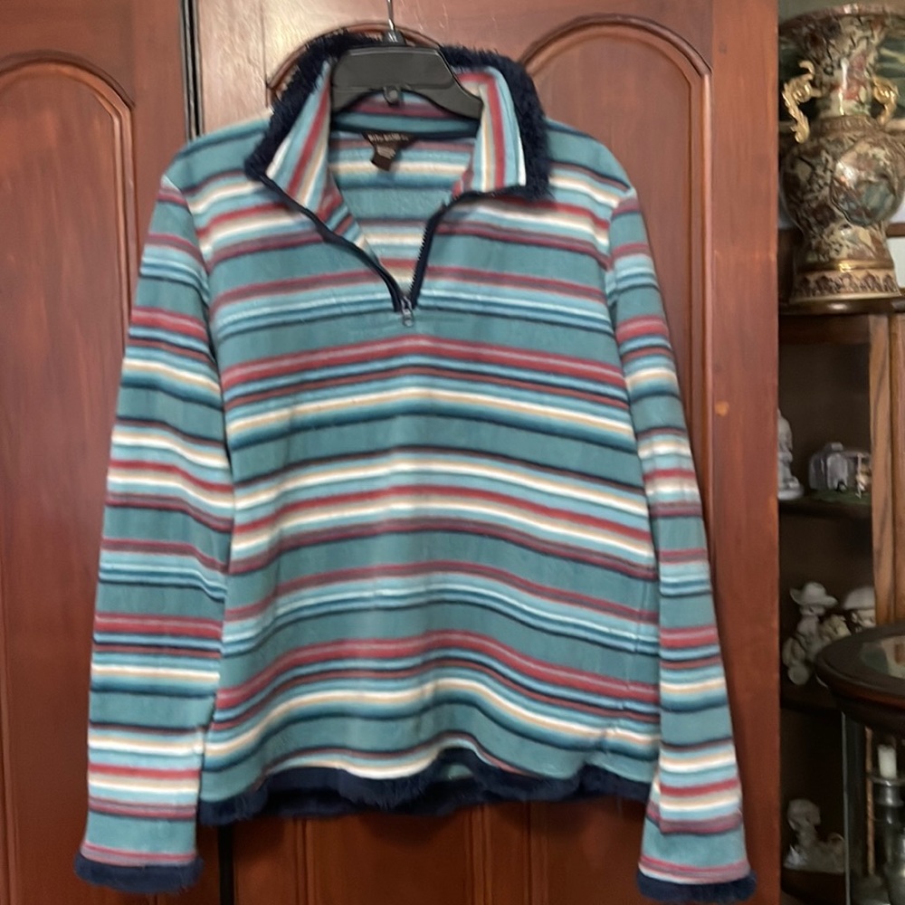 Bit & Bridle Striped Zip Down V Neck Fleece Size Large